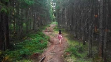 Drone 'dan orman manzaralı yolda yürüyen genç bir kadın. Yüksek kalite 4k görüntü