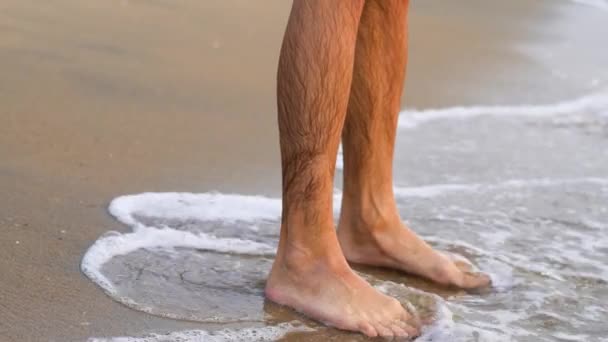 海沿いの砂浜に人が足を踏み入れている 高品質のビデオ — ストック動画