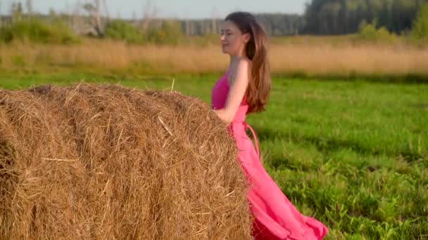 Eine Junge Frau Rosa Kleid Versteckt Sich Hinter Einem Heuhaufen — Stockvideo