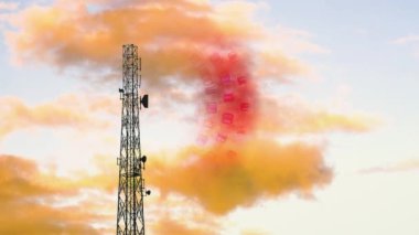 Bulutlu gökyüzünde kırmızı kablosuz telekom radyasyonu. Anten radyo dalgaları animasyonu. Yüksek kalite 4k görüntü
