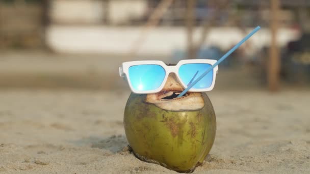 그것의 플라스틱 밀짚을 쾌활한 마시는 코코넛 고품질 비디오 — 비디오