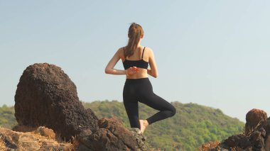 Vrikshasana Poz 'da genç bir kadın var. Yüksek kalite fotoğraf