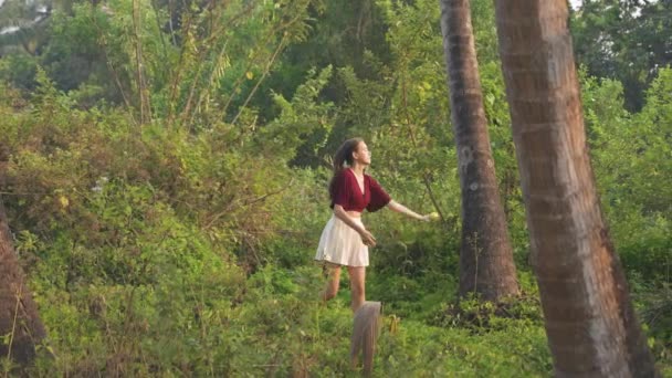 Jeune Femme Debout Avec Balle Tennis Dans Les Jungles Tropicales — Video