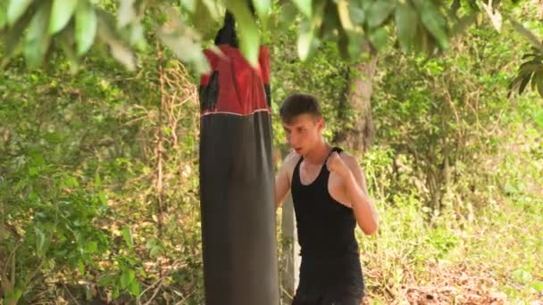 Ormanda Büyük Bir Kum Torbasına Vuran Genç Adam Yüksek Kalite — Stok video