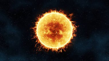 Güneş yüzeyi, yıldız ve galaksi kümeleri üzerinde güneş patlamalarıyla doludur. Yüksek kalite 4k görüntü