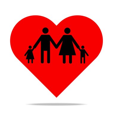 İnsanlar web ve tasarım için kırmızı kalp şeklinde el ikonuna katılırlar, aile sevgisi kavramı..