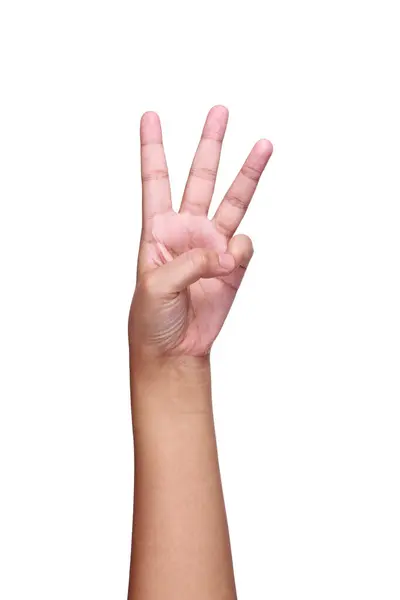 it is arm,hand and fingers showing number three isolated on white.