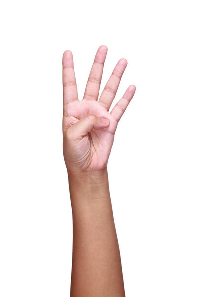 it is arm,hand and fingers showing number four isolated on white.