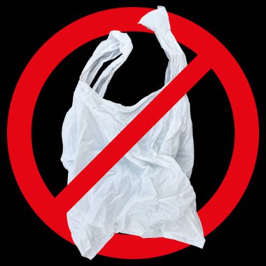 one white plastic bag with red forbidden sign isolated on black.