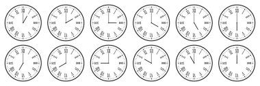 horizontal set of analog clock icon with roman numeral notifying each hour isolated on white,vector illustration.