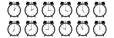 horizontal set of analog alarm clock icon notifying each hour isolated on white,vector illustration.