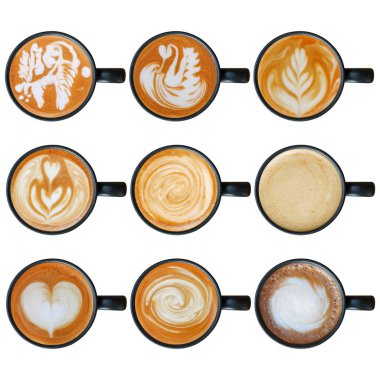 set of latte art with black cup isolated on white.