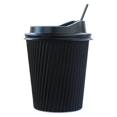 black paper coffee cup with cover and straw isolated on white.