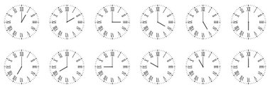 horizontal set of analog clock icon with roman numeral notifying each hour isolated on white. clipart