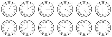 horizontal set of analog clock icon with roman numeral notifying each hour isolated on white,vector illustration.