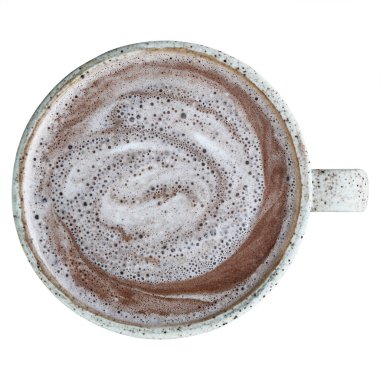 Bir fincan sıcak çikolatanın beyaza izole edilmiş üst görüntüsü..