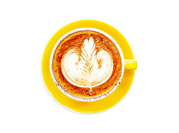 Bovenaanzicht Van Kopje Kunst Cappuccino Latte Koffie Geïsoleerd Witte Achtergrond — Stockfoto