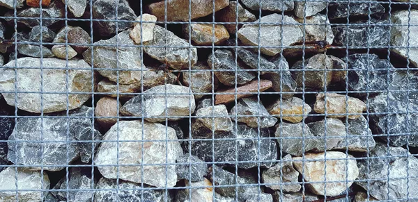 Many Rock Stone Limestone Steel Netting Net Barrier Background Vintage — Stock Photo, Image