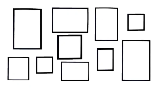 许多黑框被白色背景隔离 用于在复制空间添加文本的建模对象和图片框架组 — 图库照片