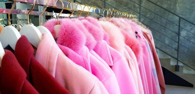 Pembe ve kırmızı kışlık paltolar paslanmaz çelik askılarda asılı ve sağda fotokopi alanı var. Markette ya da markette satılık renkli bir kazak. Kış mevsimi kumaş arka planı.