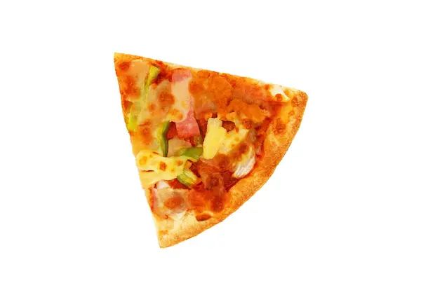 用菠萝 大青椒和西红柿混合制成的精美披萨片 在白色背景下与切碎路径或选择 这种披萨是薄皮的 — 图库照片
