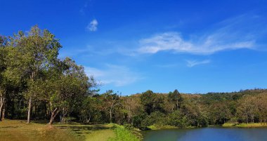 Açık mavi gökyüzü, yeşil orman, Jetkod Pongkonsao Doğal Çalışma ve Eko, Saraburi, Tayland 'da dağ manzarası. Bangkok konseptine yakın seyahatler için Doğanın Güzelliği ve Tarihi.