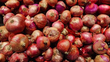 Birçok taze soğan ya da kırmızı soğan markette ya da süpermarkette satılmak üzere kara sepetin üzerinde. Taze sebzeler, tarım hasadı ve yemek pişirmek için malzemeler..