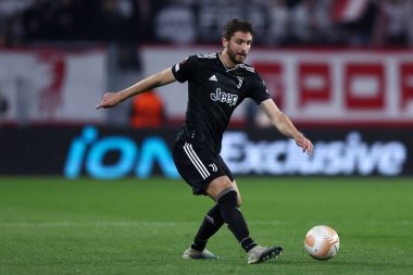 Uefa Avrupa Ligi Beetween Sc Freiburg ve Juventus Fc maçlarında Juventus Fc 'li Manuel Locatelli 16 Mart 2023' te Freiburg, Almanya 'da Stade Europa-Park' ta .