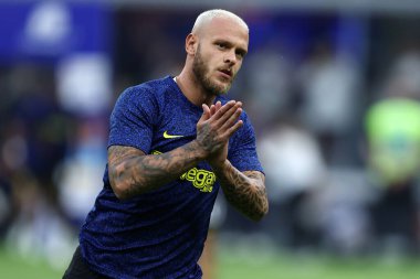 Milano, İtalya. 19 Agusut 2023 . Federico Dimarco Fc Internazionale ile Ac Monza arasında oynanan Serie A futbol maçı sırasında.