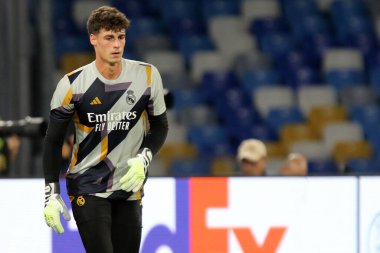 Real Madrid Cf 'den Kepa Arrizabalaga, 3 Ekim 2023' te İtalya 'nın Napoli kentinde oynanan Uefa Şampiyonlar Ligi Beetween Ssc Napoli ve Real Madrid CF maçlarında ısındı. .