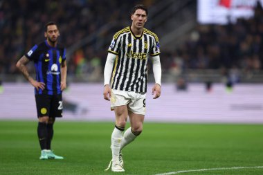 4 Şubat 2024. Milan (İtalya). Juventus Fc 'li Dusan Vlahoviç Serie A karşılaşmasında Fc Internazionale ve Juventus Fc.