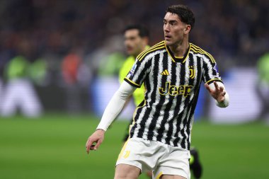 4 Şubat 2024. Milan (İtalya). Juventus Fc 'li Dusan Vlahoviç Serie A karşılaşmasında Fc Internazionale ve Juventus Fc.
