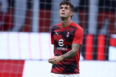 Christian Pulisic of Ac Milan during warm up before the  Serie A match beetween Ac Milan and Torino Fc at Stadio Giuseppe Meazza on August 17, 2024 in Milano, Italy . clipart