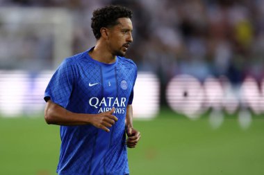 Paris 'ten Marquinhos Correa Saint-Germain Fc, UEFA Süper Kupa Finali öncesi ısınma turunda Paris Saint-Germain Fc ve Tottenham Hotspur Fc arasında 13 Ağustos 2025' te İtalya 'nın Udine kentinde oynanan karşılaşmada.