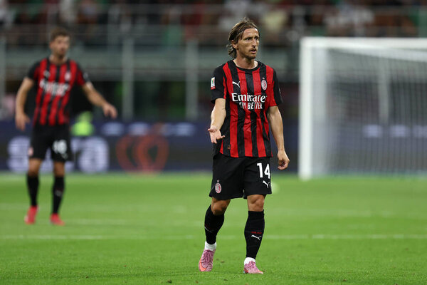 Luka Modric of Ac Milan looks on during the Coppa Italia Round of 32 match beetween Ac Milan and Ssc Bari at Stadio Giuseppe Meazza on August 17, 2025 in Milano, Italy .