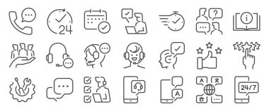 Müşteri hizmetleri ikonu seti. Destek, müşteri, yardım masası, memnuniyet ve daha fazla ikon içeriyordu. Düzenlenebilir Vektör Vuruşu.