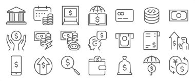 Finansal ikon seti. Sergide finans, para, para, para, kredi ve daha fazla ikon yer alıyor. Düzenlenebilir Vektör Vuruşu.