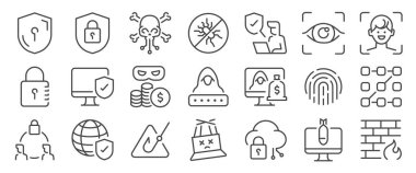 Cybersecurity icon set. It included hack, 2fa, data breach, biometric scan, and more icons. Editable Vector Stroke. clipart