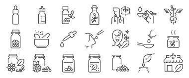 Homeopati ikonu seti. Alternatif, tedavi, bütünsel, ilaç, bağışıklık ve daha fazla ikon içeriyordu. Düzenlenebilir Vektör Vuruşu.