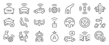 Özerk araba simgesi seti. Robot taksi, otomatik pilot, otomatik sürüş, araç, otomatik algılama ve daha fazla simge içeriyordu. Düzenlenebilir Vektör Vuruşu.