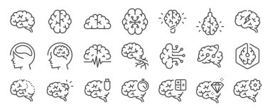 Beyin simgesi seti. Nöroloji, yaratıcılık, düşünme, fikir ve daha fazla ikon içeriyor. Düzenlenebilir Vektör Vuruşu.
