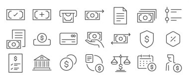 Finansal uygulama simgesi seti. Sergide finans, para, döviz, para birimi ve daha fazla ikon yer alıyor. Düzenlenebilir Vektör Vuruşu.