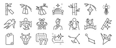 Tanabata icon set. It includes stars, swallows, Japanese, festivals, charms, blessing cards,and more icons. Editable Vector Stroke. clipart