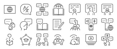 Dil okulu simgesi seti. Dil, eğitim, sınıf, dersler, öğrenme ve daha fazla ikon içerir. Düzenlenebilir Vektör Vuruşu.