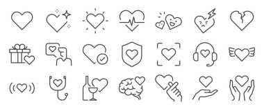 Kalp ikonu ayarlandı. Sevgi, sağlık, bakım, kibarlık ve daha fazlası gibi bağlamları içeriyordu. Düzenlenebilir Vektör Vuruşu.