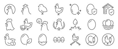 Tavuk ve yumurta ikonu seti. Çiftlik, tarım, çimen, organik ve daha fazla ikon içerir. Düzenlenebilir Vektör Vuruşu.