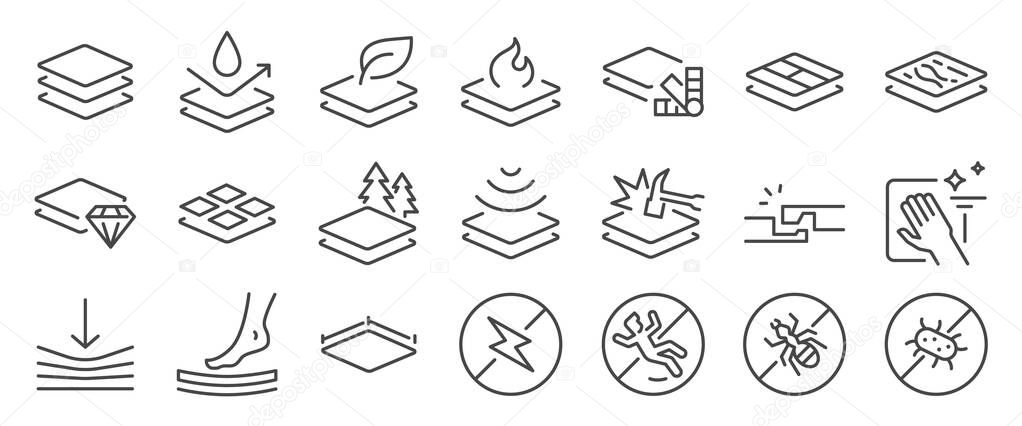 Floor icon set. It includes flooring, material, feature, wood,vinyl, and more icons. Editable Vector Stroke.