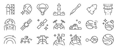 Çoklu gezegen simgesi seti. Uzay, astroloji, roket, yıldız ışığı, gezegen ve daha fazla ikonu içerir. Düzenlenebilir Vektör Vuruşu.