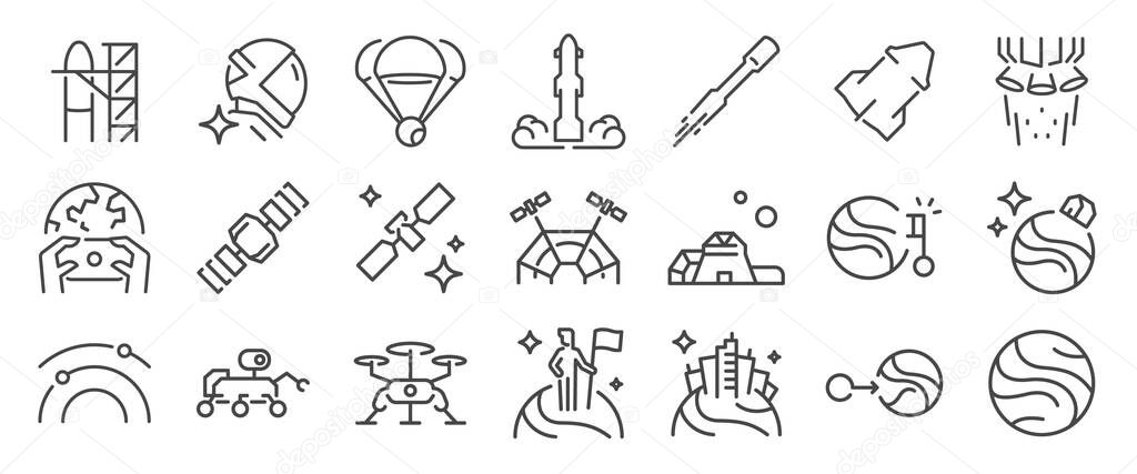 Multiplanetary icon set. It includes space, astrology, rocket, starlight, planet, and more icons. Editable Vector Stroke.