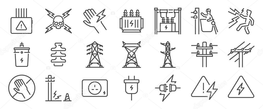High voltage icon set. It includes electricity, electric, transmission line, tower, insulator and more icons. Editable Vector Stroke.